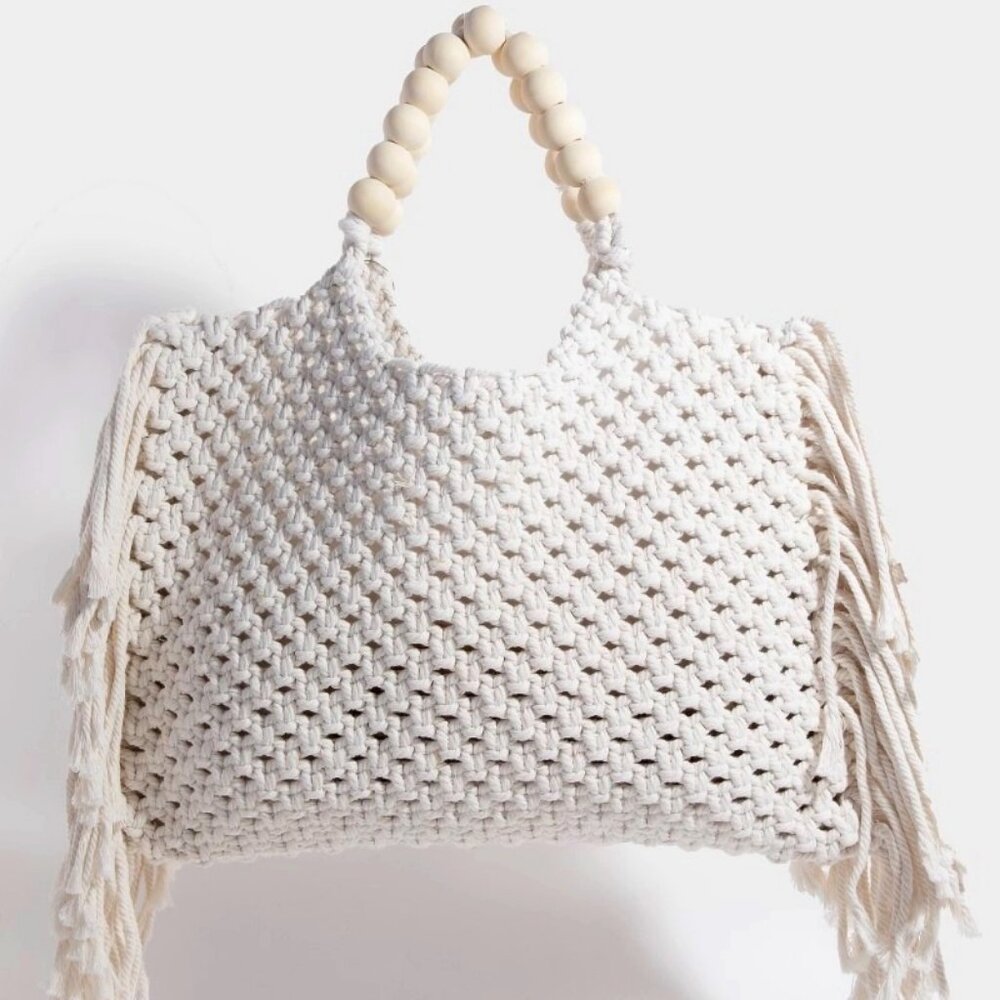 Wooden Beaded Handle Braided Tote Bag